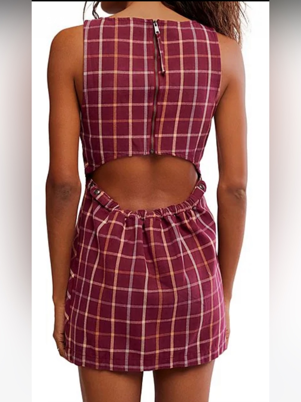 NWT🌷Free People Plaid Printed Boat Neck Sleeveless Back Cut-Out Mini Dress